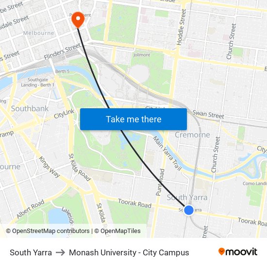 South Yarra to Monash University - City Campus map