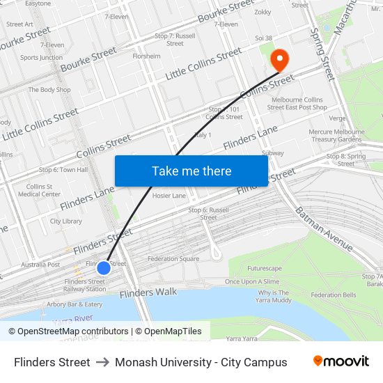 Flinders Street to Monash University - City Campus map