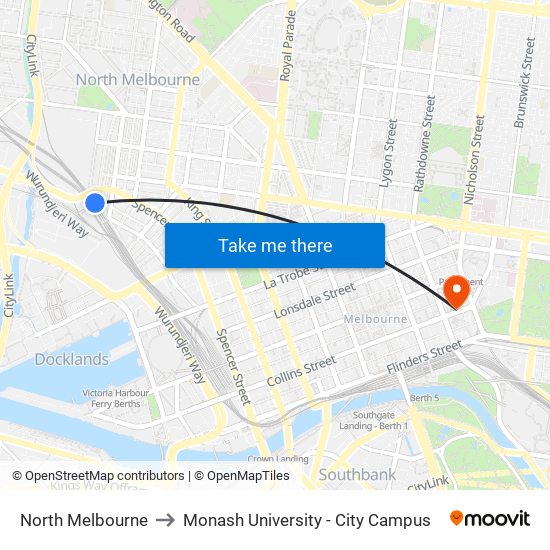 North Melbourne to Monash University - City Campus map