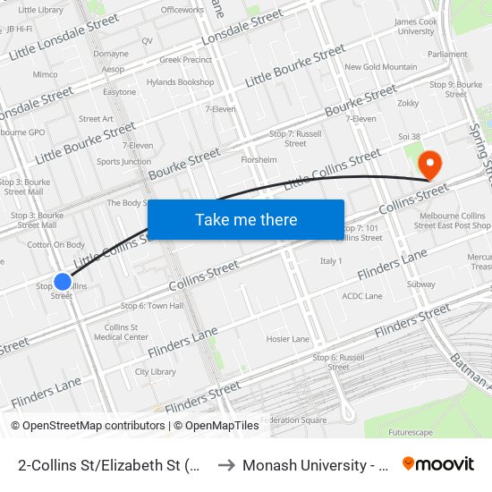 2-Collins St/Elizabeth St (Melbourne City) to Monash University - City Campus map
