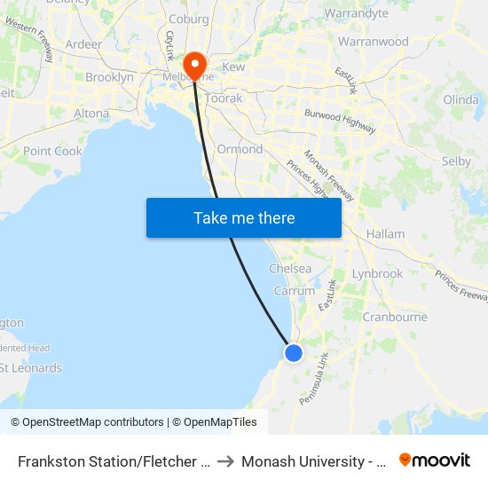 Frankston Station/Fletcher Rd (Frankston) to Monash University - City Campus map