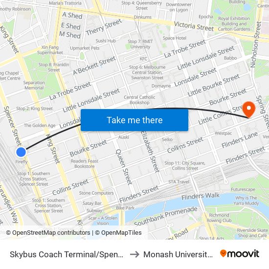 Skybus Coach Terminal/Spencer St (Melbourne City) to Monash University - City Campus map