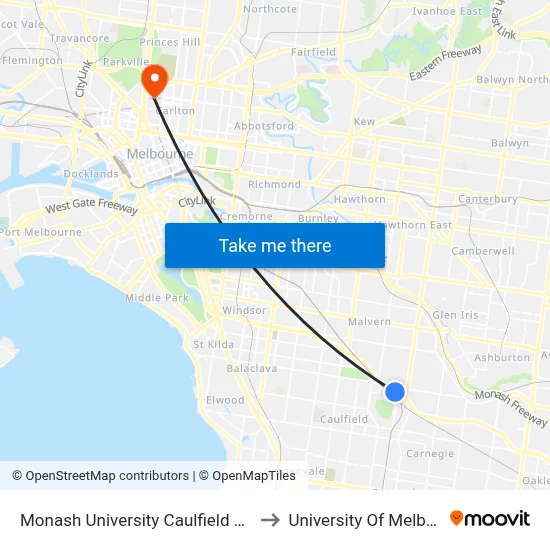 Monash University Caulfield campus to University Of Melbourne map