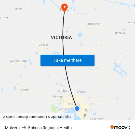 Malvern to Echuca Regional Health map