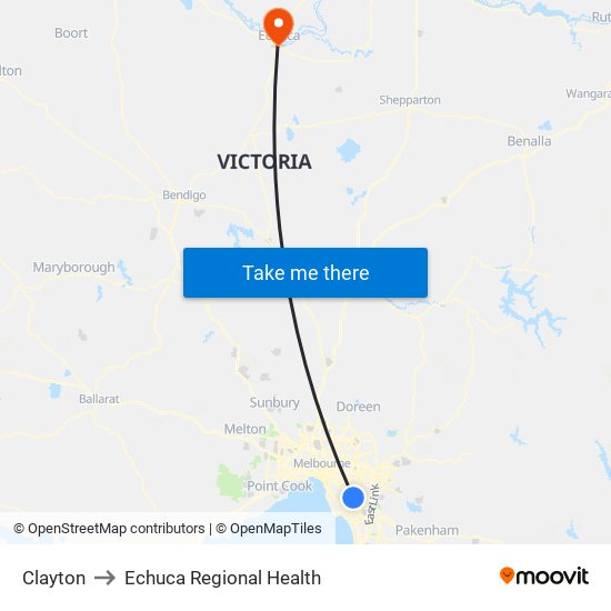 Clayton to Echuca Regional Health map
