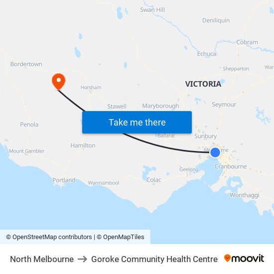 North Melbourne to Goroke Community Health Centre map