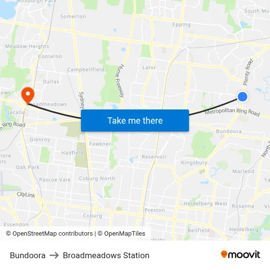 Bundoora to Broadmeadows Station map