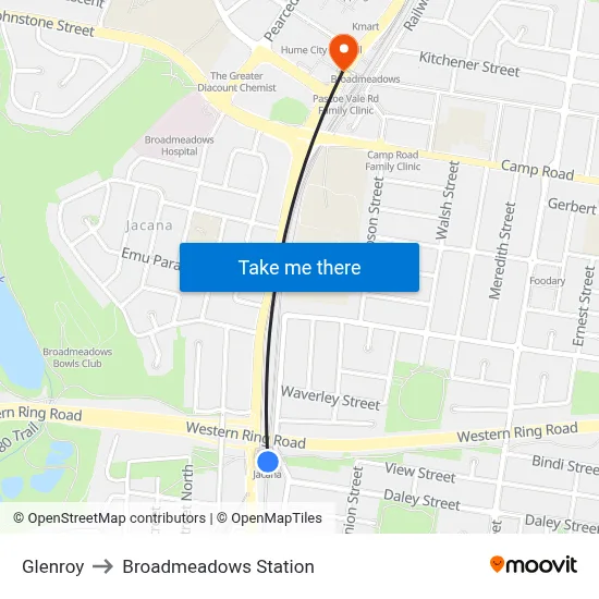 Glenroy to Broadmeadows Station map