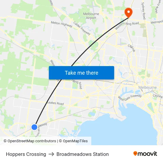 Hoppers Crossing to Broadmeadows Station map