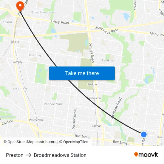 Preston to Broadmeadows Station map