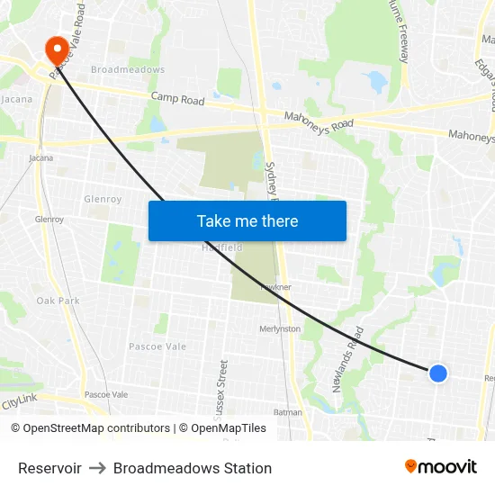 Reservoir to Broadmeadows Station map