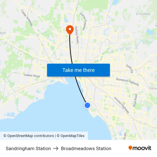 Sandringham Station to Broadmeadows Station map
