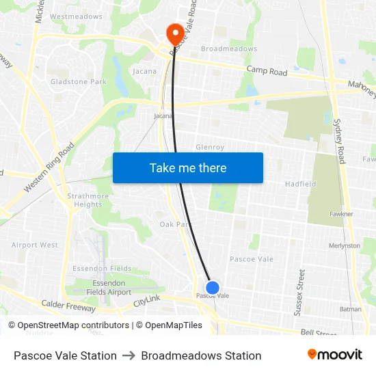 Pascoe Vale Station to Broadmeadows Station map