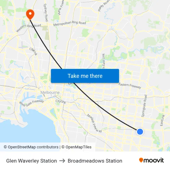 Glen Waverley Bus Interchange to Broadmeadows Station map