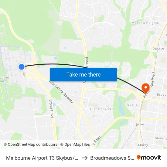 Melbourne Airport T3 Skybus/Arrival Dr to Broadmeadows Station map