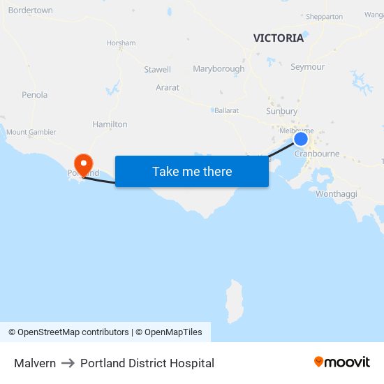 Malvern to Portland District Hospital map