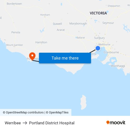 Werribee to Portland District Hospital map