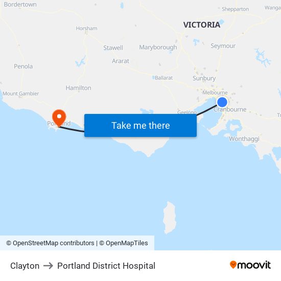 Clayton to Portland District Hospital map