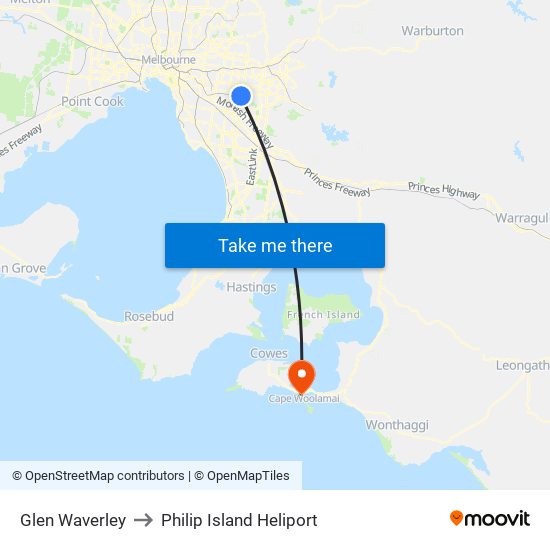 Glen Waverley to Philip Island Heliport map