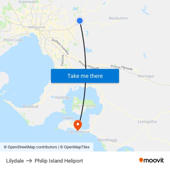 Lilydale to Philip Island Heliport map