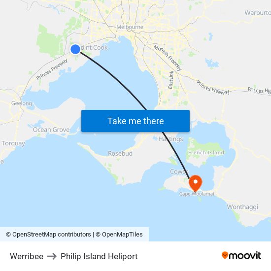 Werribee to Philip Island Heliport map