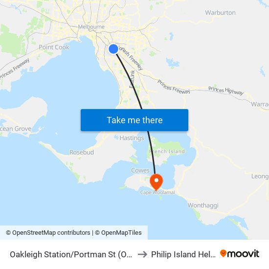 Oakleigh Station/Portman St (Oakleigh) to Philip Island Heliport map