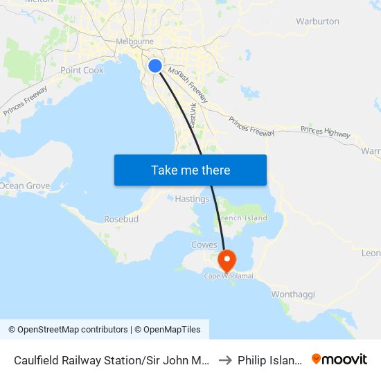 Caulfield Railway Station/Sir John Monash Dr (Caulfield East) to Philip Island Heliport map