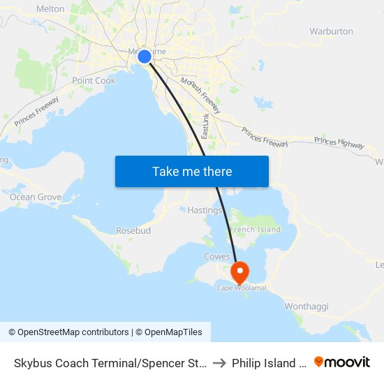 Skybus Coach Terminal/Spencer St (Melbourne City) to Philip Island Heliport map