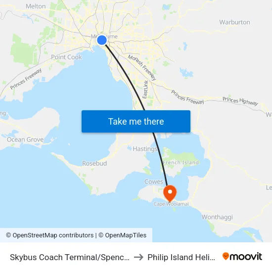Skybus Coach Terminal/Spencer St to Philip Island Heliport map