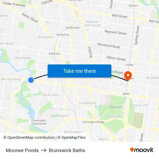 Moonee Ponds to Brunswick Baths map