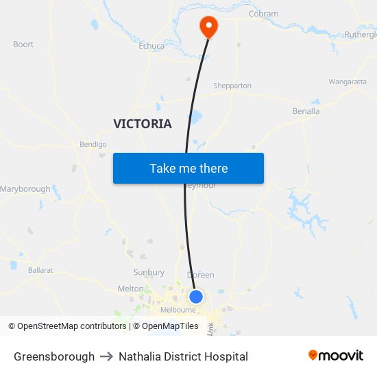 Greensborough to Nathalia District Hospital map