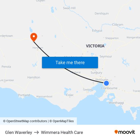 Glen Waverley to Wimmera Health Care map