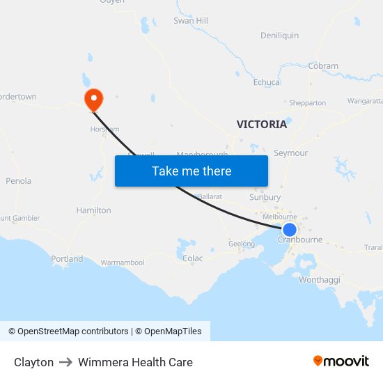Clayton to Wimmera Health Care map