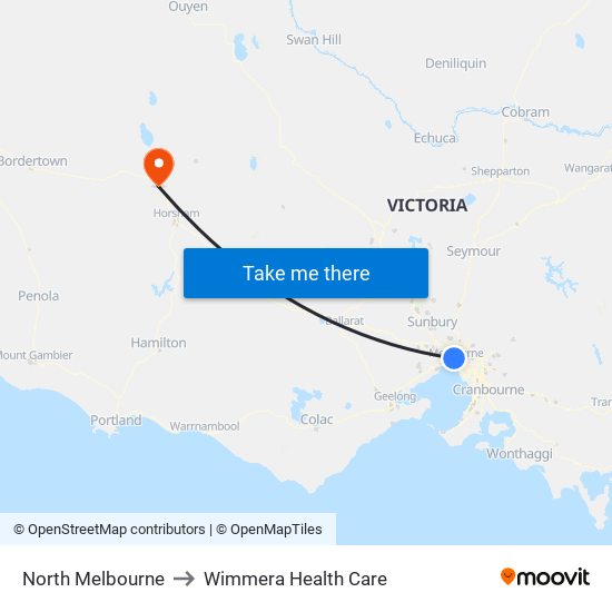 North Melbourne to Wimmera Health Care map