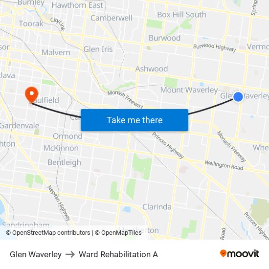 Glen Waverley to Ward Rehabilitation A map