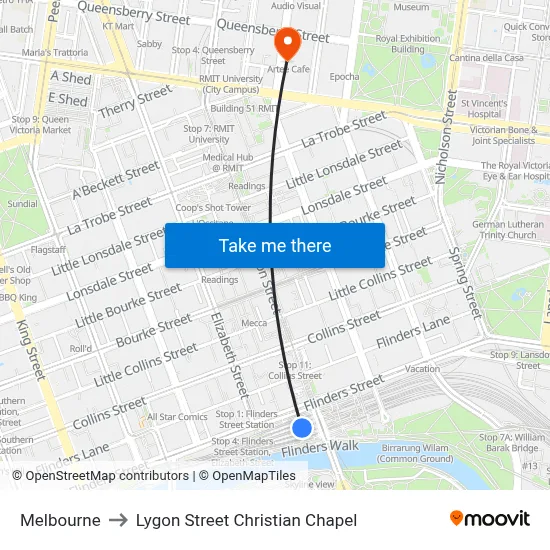 Melbourne to Lygon Street Christian Chapel map