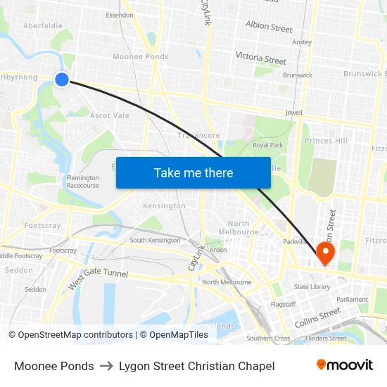 Moonee Ponds to Lygon Street Christian Chapel map