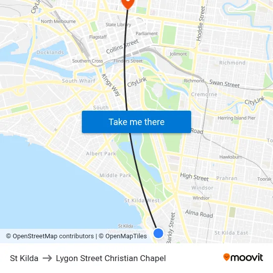 St Kilda to Lygon Street Christian Chapel map