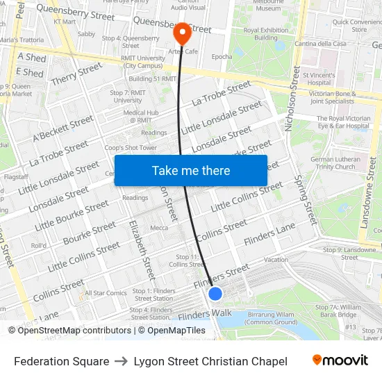 Federation Square to Lygon Street Christian Chapel map