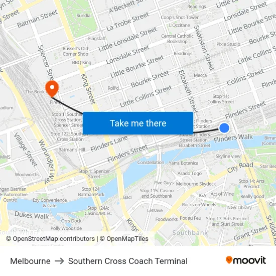 Melbourne to Southern Cross Coach Terminal map
