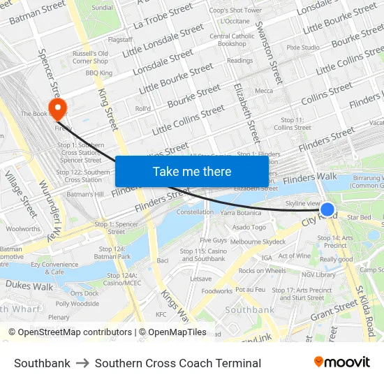 Southbank to Southern Cross Coach Terminal map