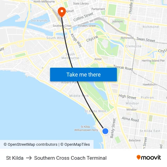 St Kilda to Southern Cross Coach Terminal map