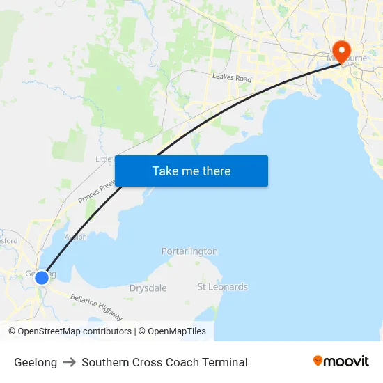Geelong to Southern Cross Coach Terminal map