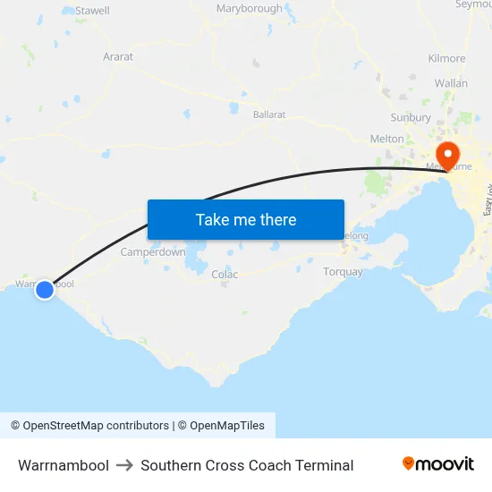 Warrnambool to Southern Cross Coach Terminal map