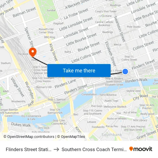 Flinders Street Station to Southern Cross Coach Terminal map