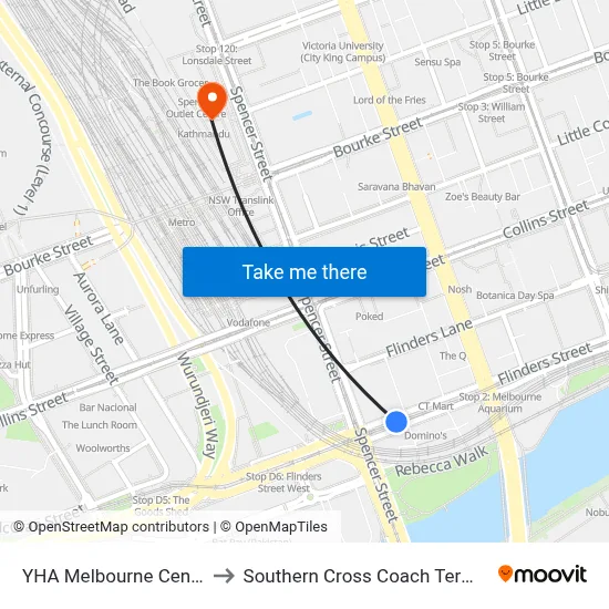 YHA Melbourne Central to Southern Cross Coach Terminal map
