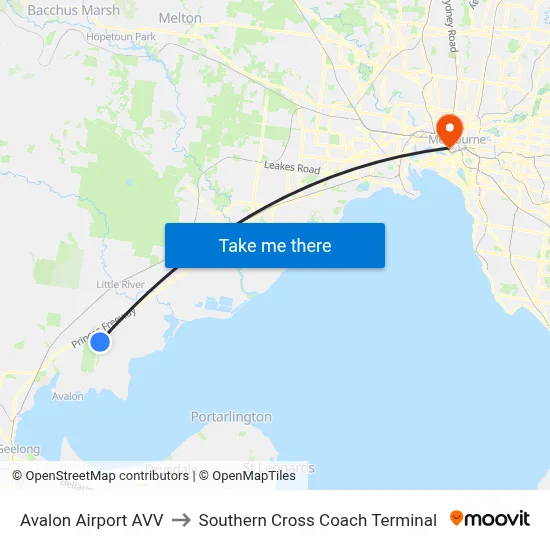 Avalon Airport AVV to Southern Cross Coach Terminal map