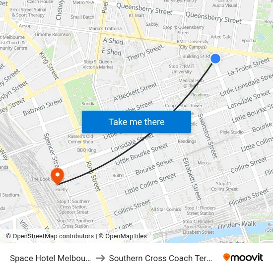Space Hotel Melbourne to Southern Cross Coach Terminal map
