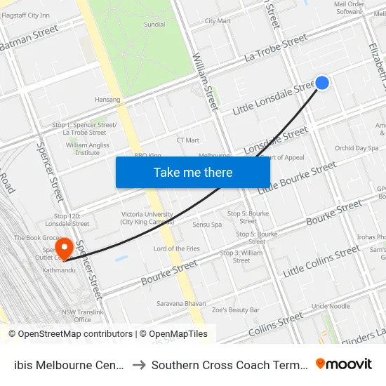 ibis Melbourne Central to Southern Cross Coach Terminal map