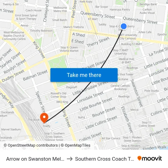 Arrow on Swanston Melbourne to Southern Cross Coach Terminal map